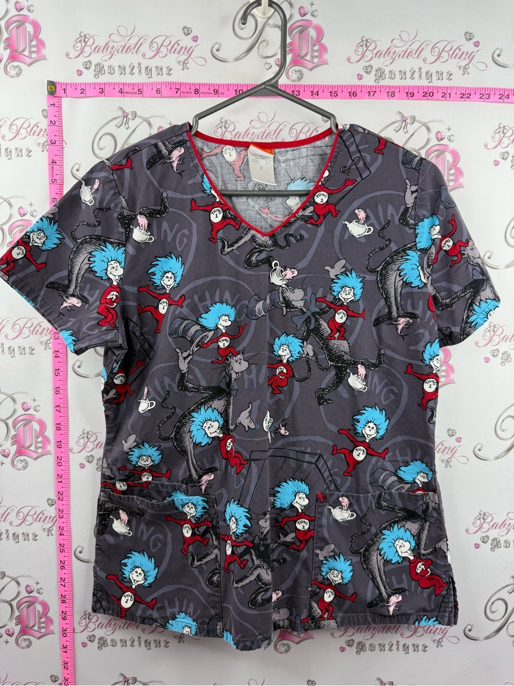 Dr. Seuss Gray Scrub Top with Blue & Red Thing 1 Print